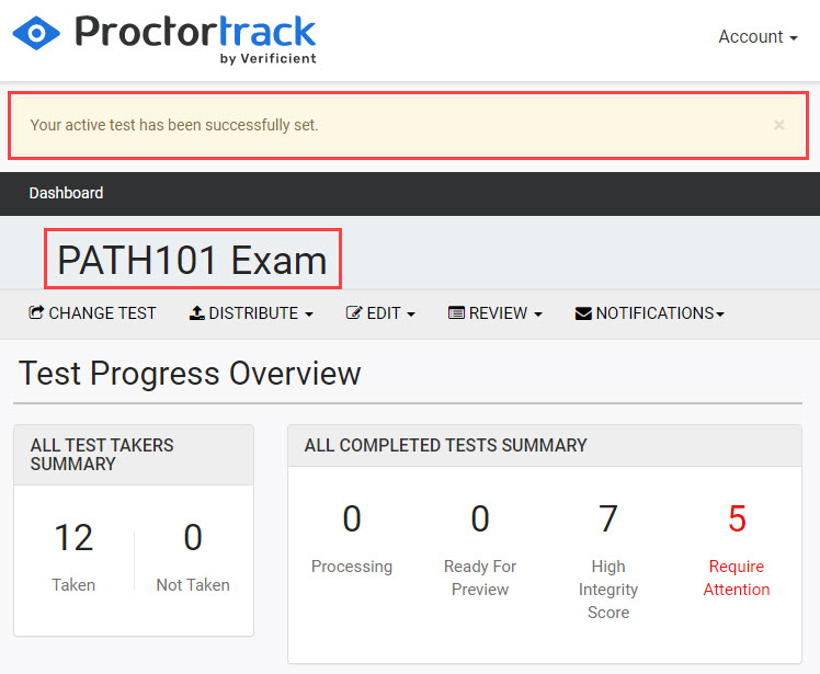 Instructor dashboard with active test set notification