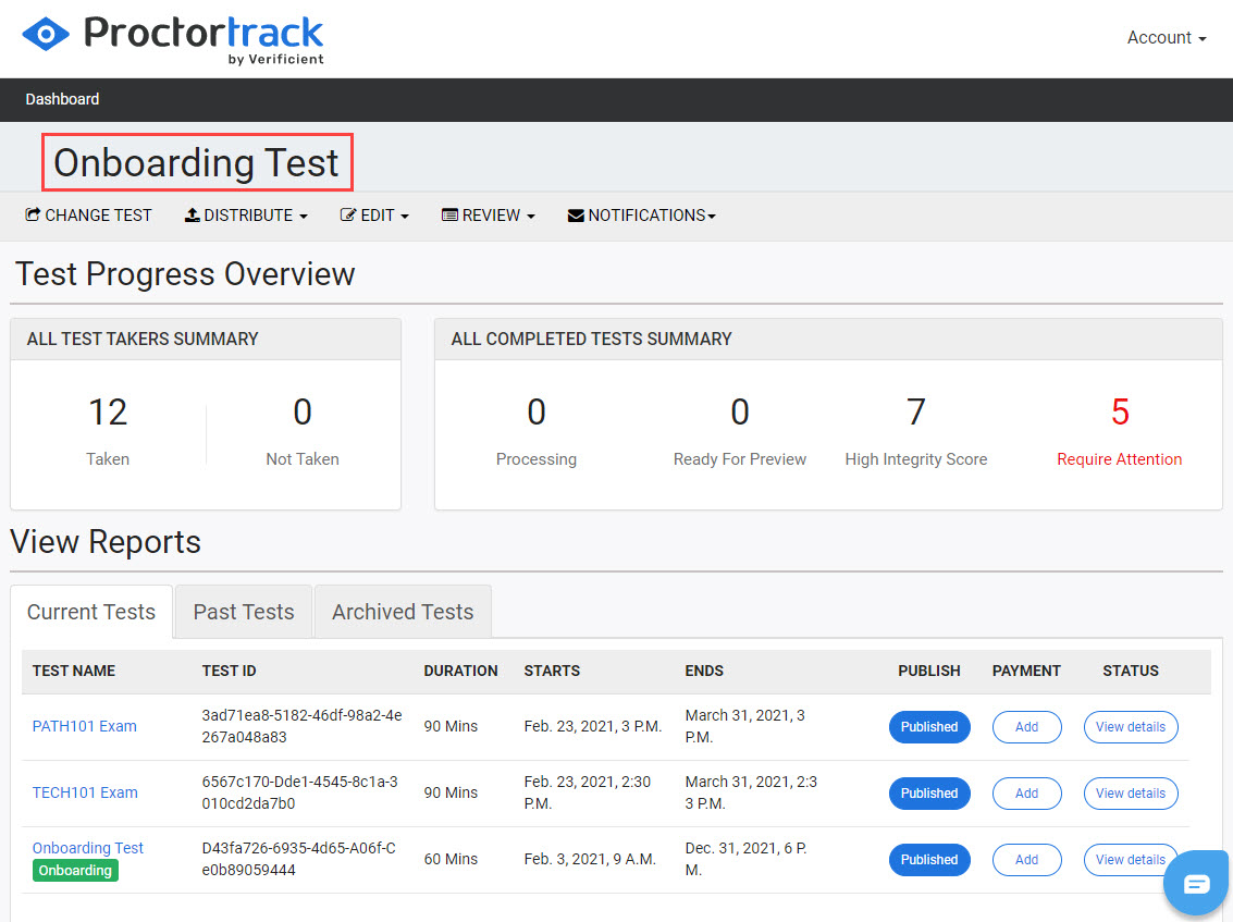 Instructor dashboard with active test name highlighted