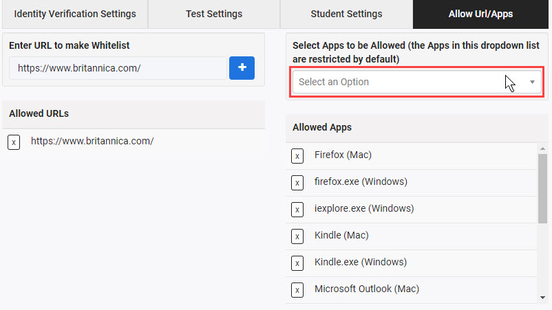 Allow URL/Apps tab with Select an Option dropdown highlighted