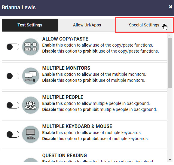 Special Settings tab highlighted