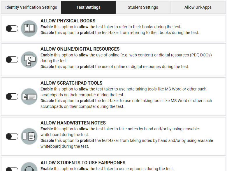 Test Settings screen