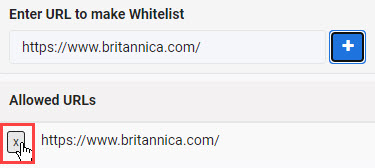 Allowed URLs list with remove button highlighted