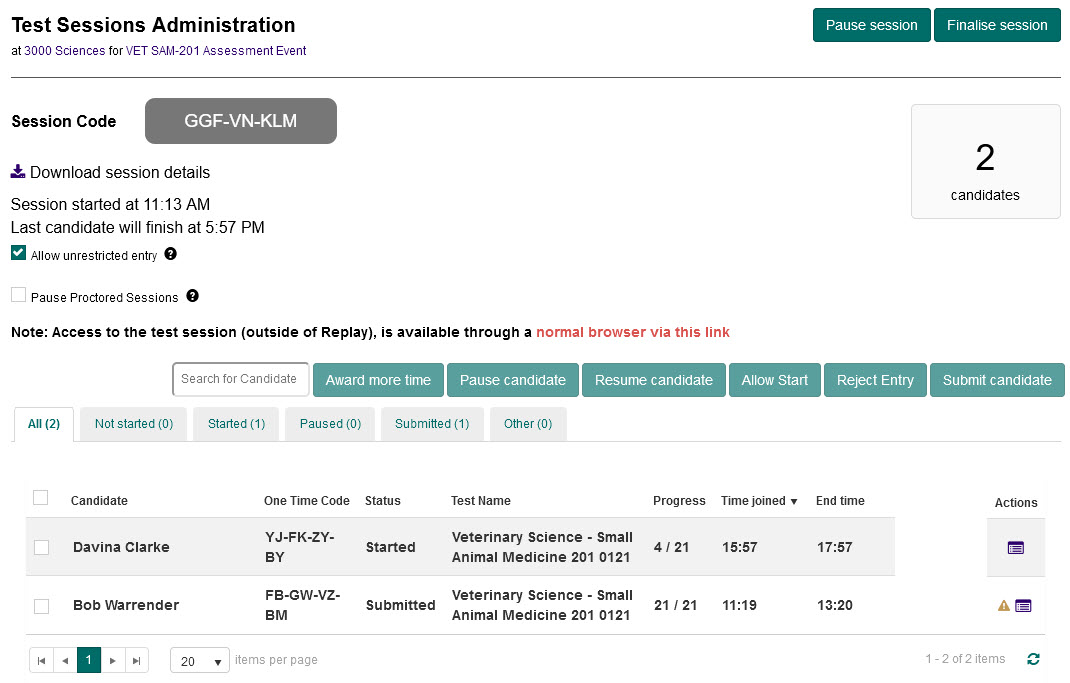 Test Session Administration dashboard