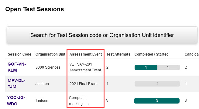 Open Test Sessions screen with Assessment Event column