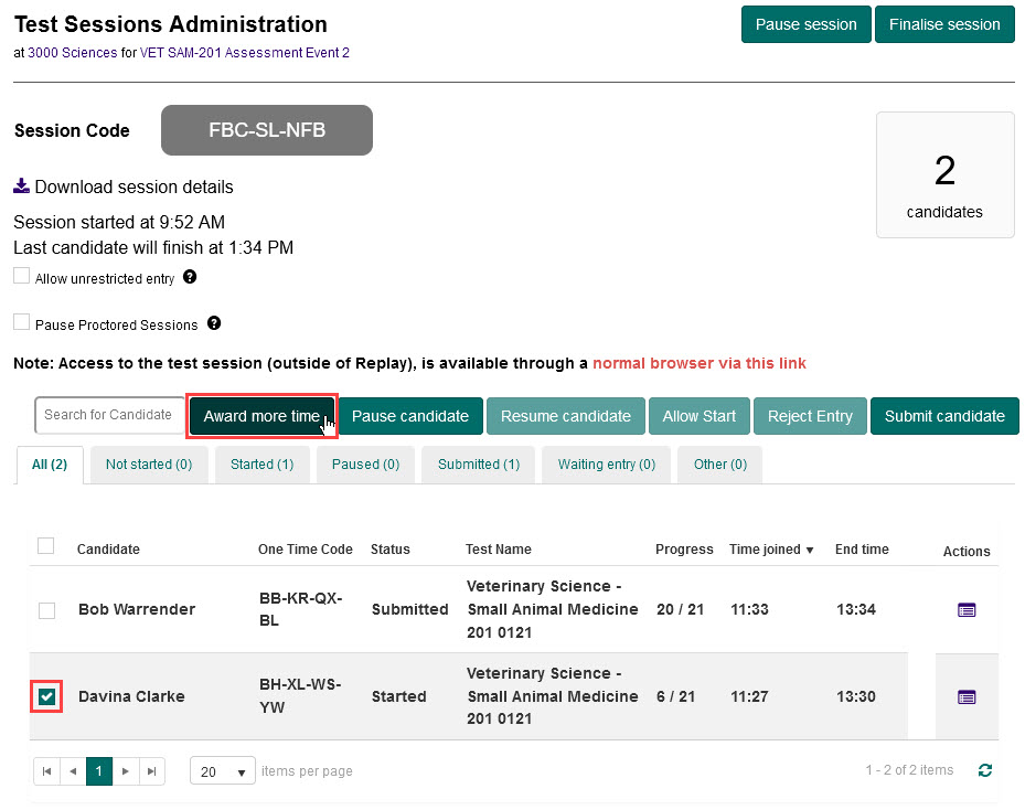 Test Session Administration dashboard with Award more time highlighted