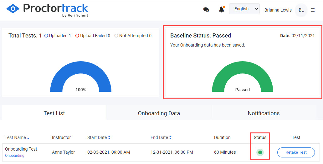 Student Proctortrack dashboard showing Baseline Status as green Passed