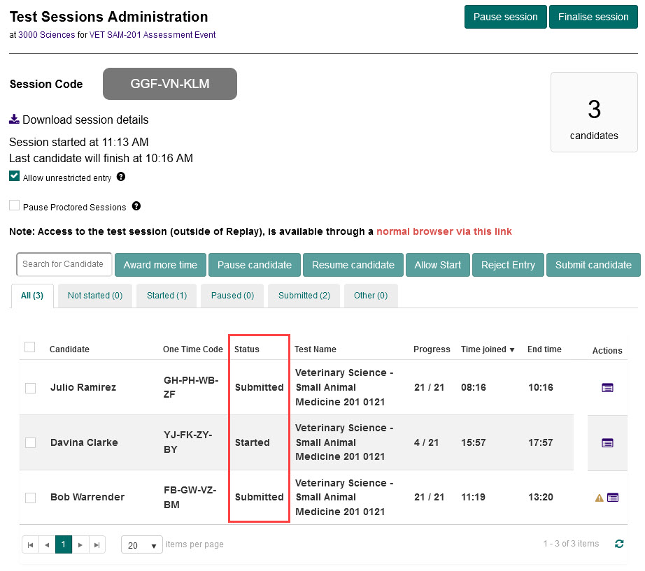 Candidate list with Status column highlighted