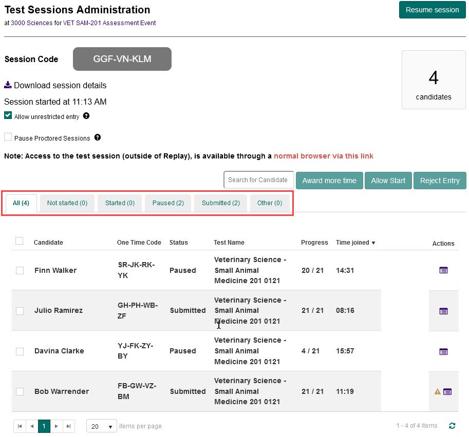 Status tabs above the candidate list