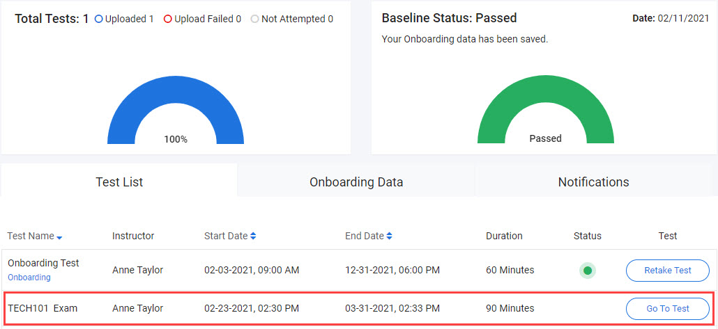 Test List on a candidate's Proctortrack dashboard