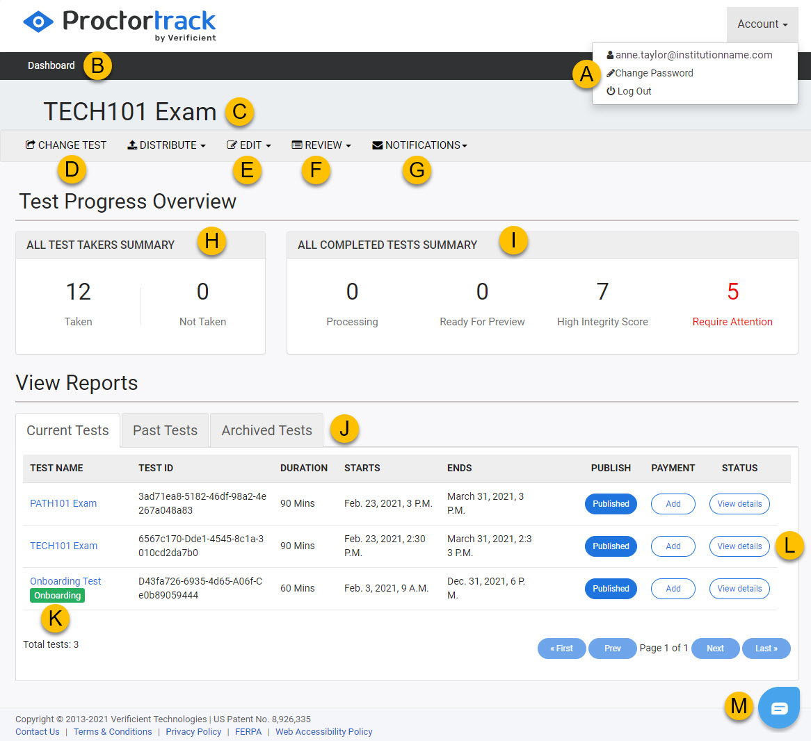 Instructor dashboard in Proctortrack