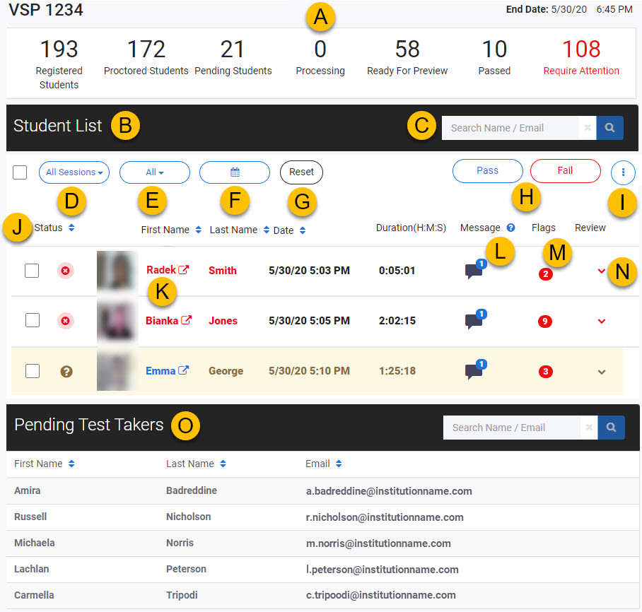 Proctortrack main event test dashboard