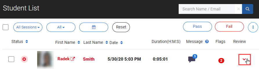 Dropdown arrow next to a candidate's session