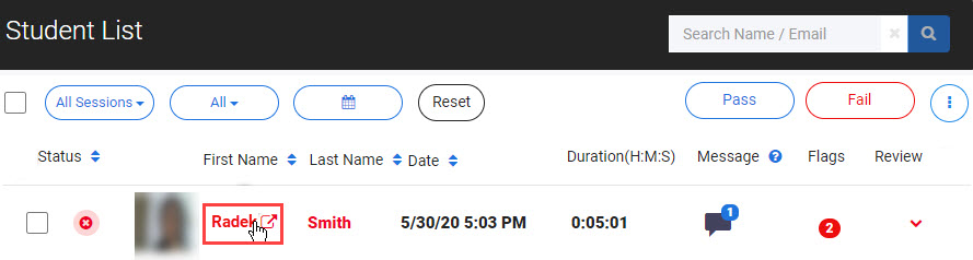 First name link highlighted in the Student List