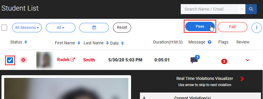 Checkbox selected and Pass highlighted
