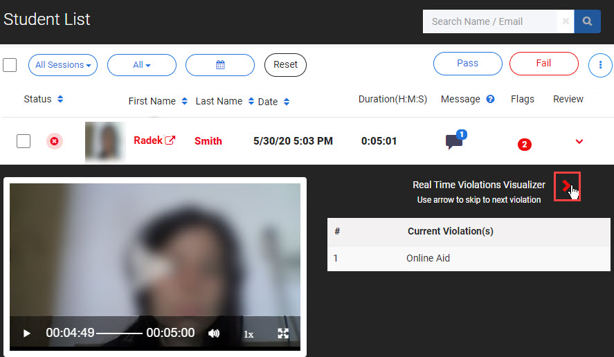 Proctoring video and violations within the list