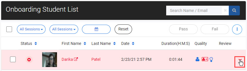 Dropdown arrow next to a candidate's session