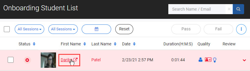 Student Onboarding List with first name link highlighted