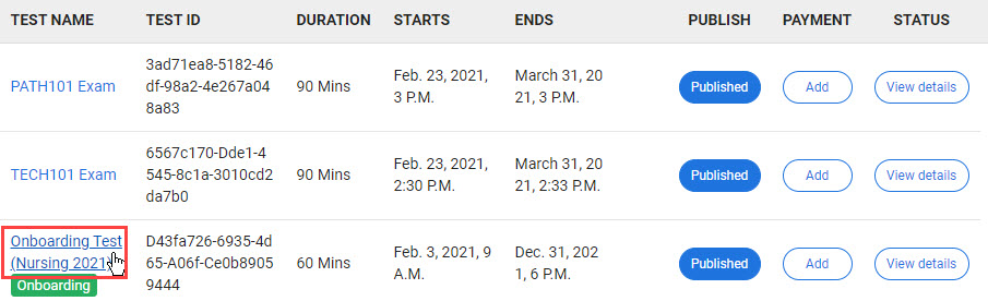View Reports list with onboarding test name highlighted