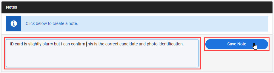 Notes section with text entered and Save Note highlighted