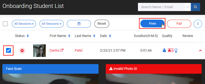 Pass button highlighted with checkbox selected