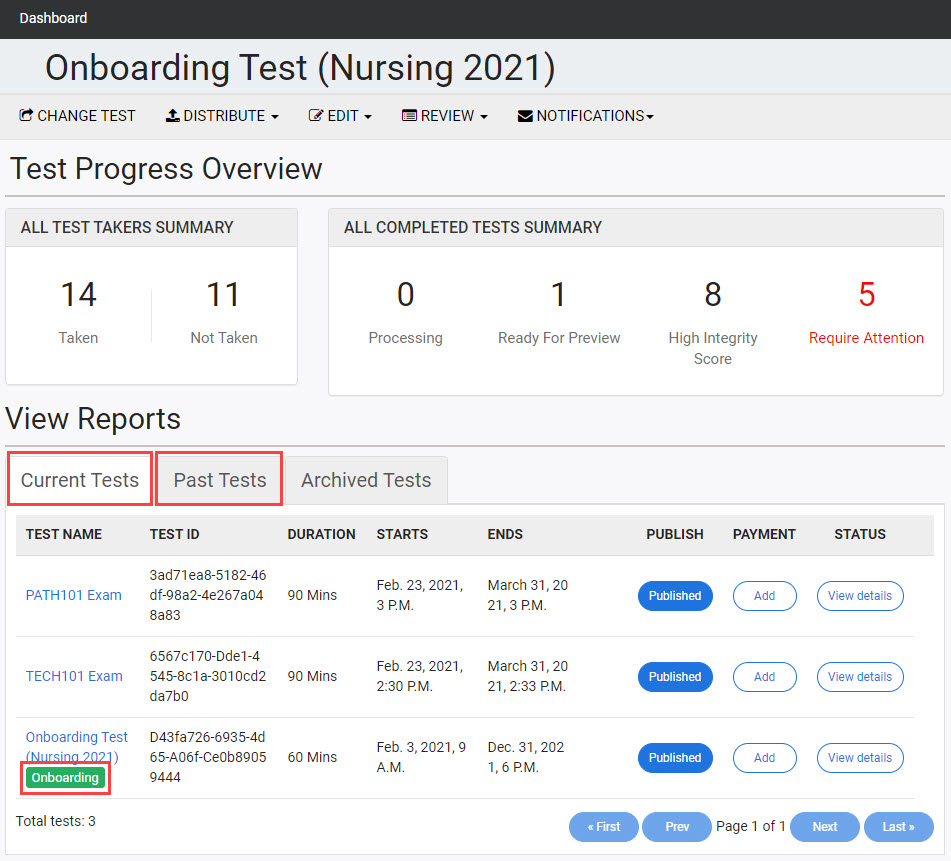 Instructor dashboard with Current Tests / Past Tests tabs and Onboarding label highlighted