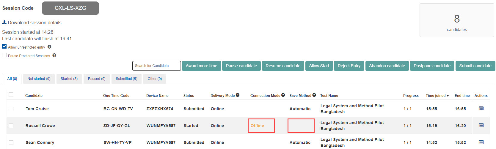 Test Session Administration Dashboard with Connection Mode Offline and blank Save Method highlighted