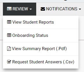 REVIEW dropdown menu on the instructor dashboard