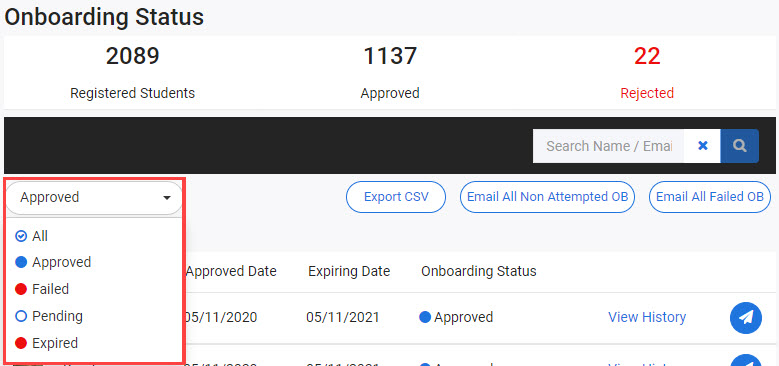 Student list filter dropdown
