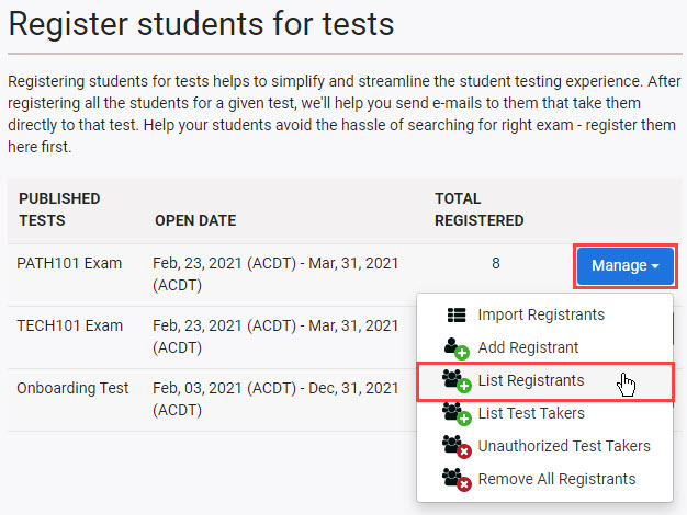 Register students for tests screen