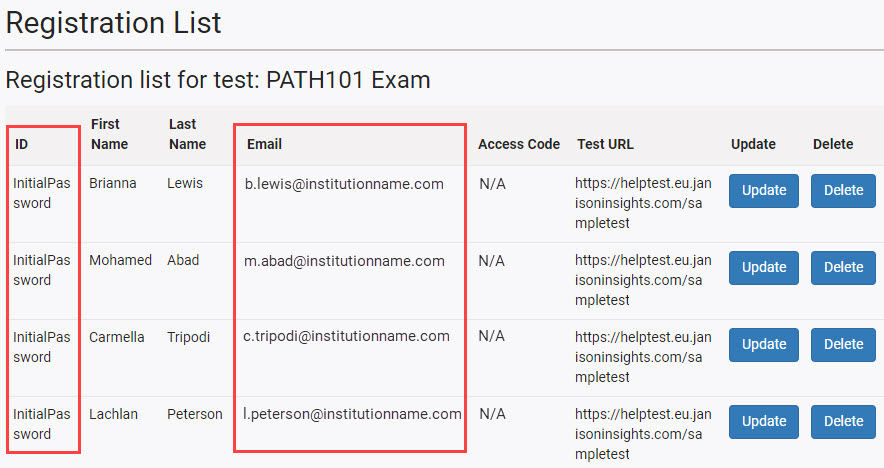 Registration List with ID and Email columns highlighted