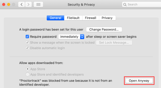 Security & Privacy screen with Open Anyway highlighted