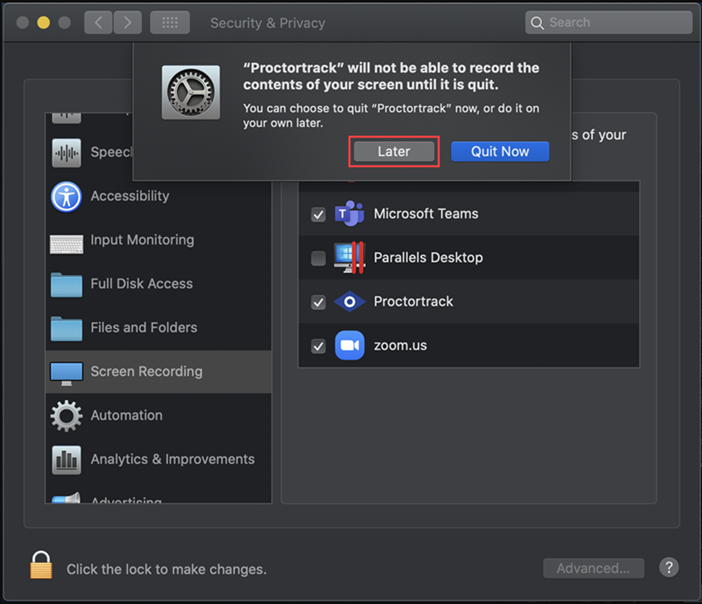 Security & Privacy screen with Proctortrack checkbox selected in multiple permission lists