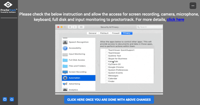 Security & Privacy screen — Privacy tab with Proctortrack checkbox in screen recording list