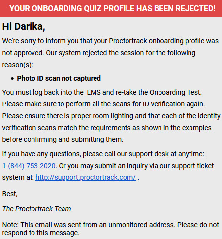 Example email advising a test-taker that their onboarding test was not accepted