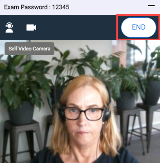 Test-taker video panel with END button highlighted