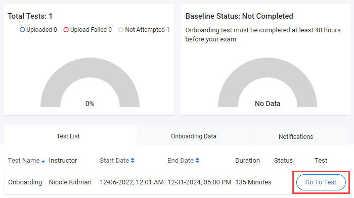 Proctortrack dashboard with Go To Test highlighted