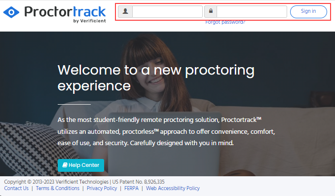 Proctortrack home page with the username, password and Sign in button highlighted