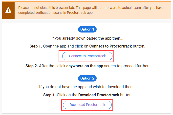 Screen with Connect to Proctortrack option