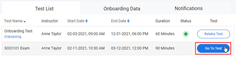 Test list on the Proctortrack dashboard with Go To Test highlighted