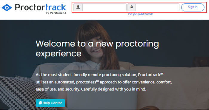 Proctortrack home page with login fields and Sign in button highlighted