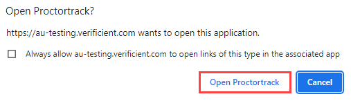 Browser popup with Open Proctortrack highlighted