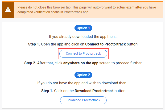 Connect to Proctortrack button highlighted