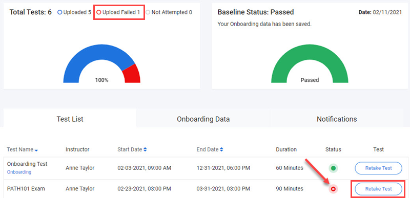 Failed upload status with Retake Test button highlighted